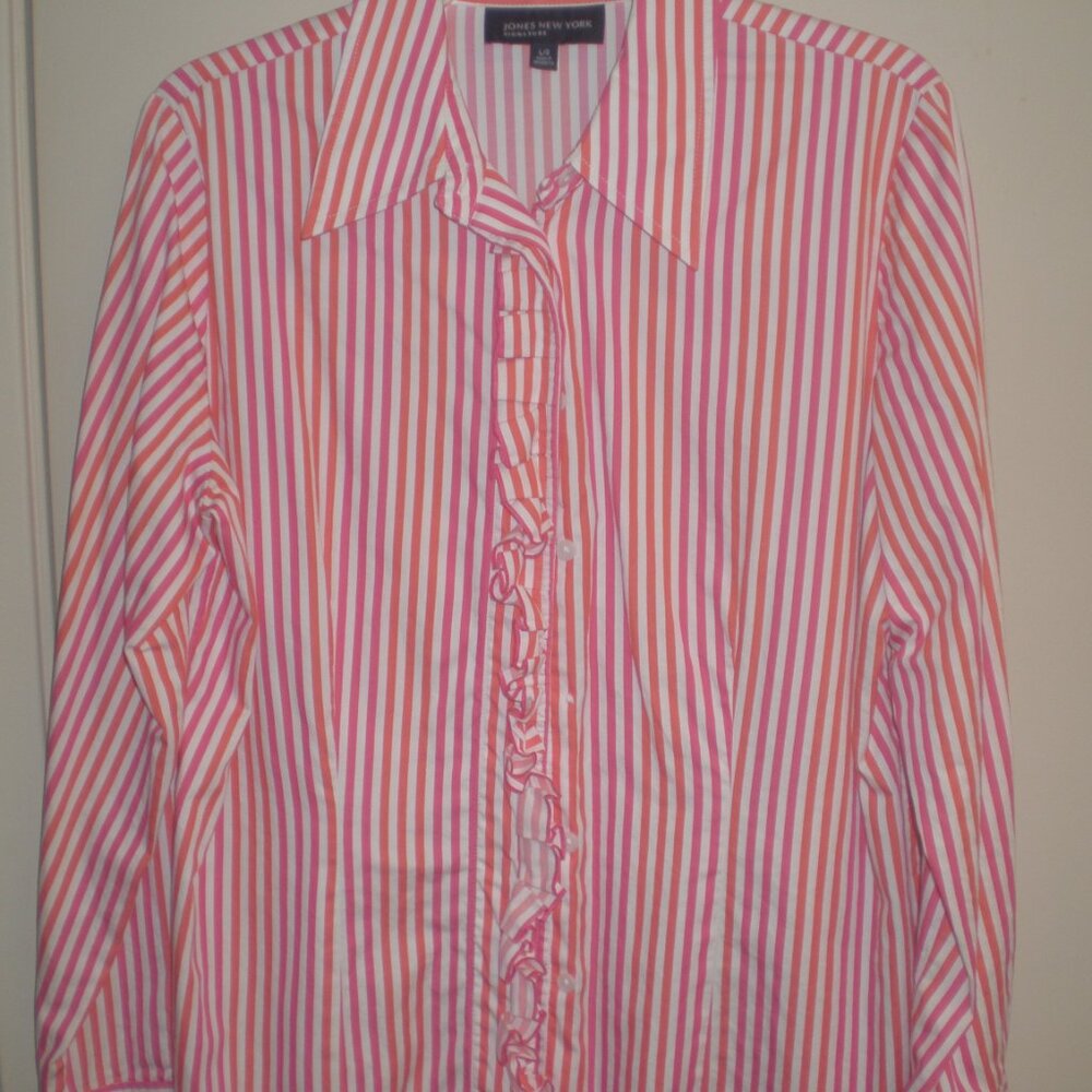 Women's Jones New York Signature Pink & Orange Ruffle Blouse Size Large